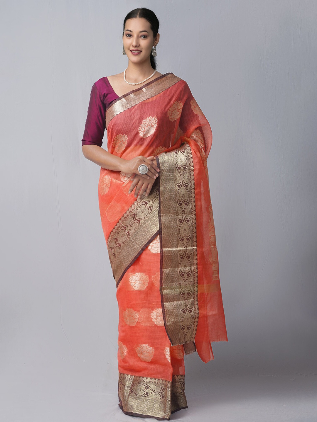 

Unnati Silks Red & Brown Woven Design Zari Art Silk Banarasi Saree