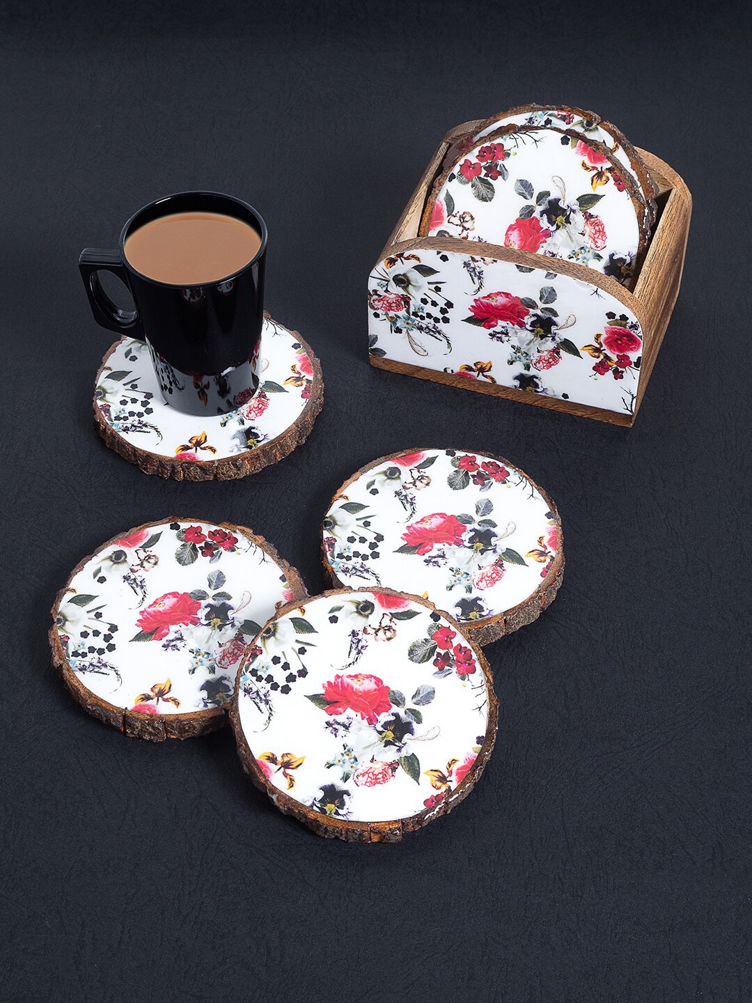 

Golden Peacock Set Of 6 Printed Wooden Coasters With Holder, White