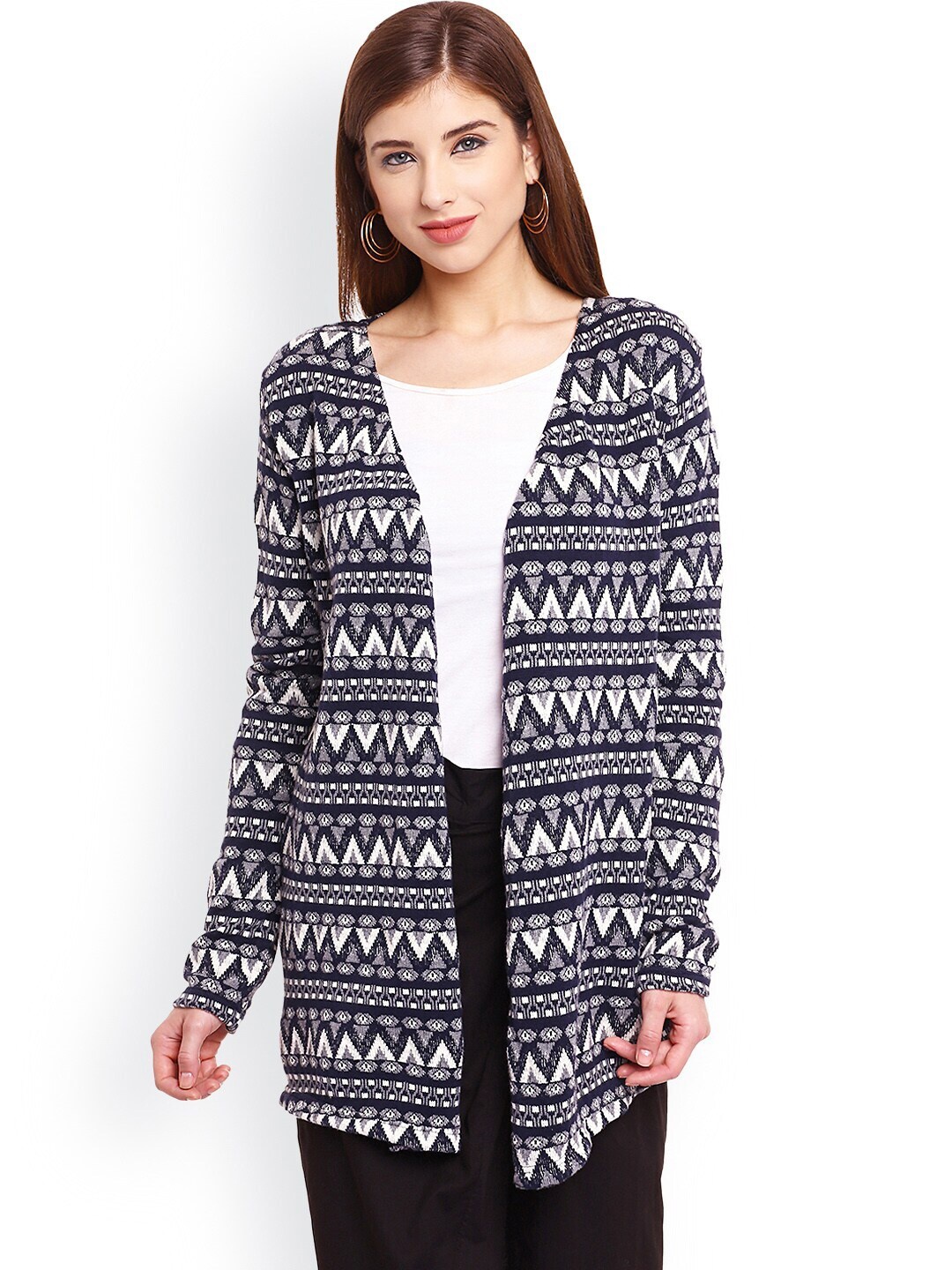 

Be Indi Women Navy Blue & White Printed Longline Shrug
