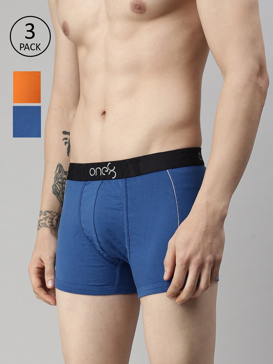 

one8 by Virat Kohli Men Pack Of 3 Blue & Orange Solid Cotton Trunk