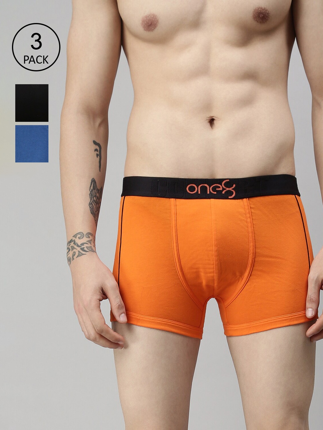 

one8 by Virat Kohli Men Pack Of 3 Solid Cotton Trunk 106-PO3-Black/Orange/Royal Blue