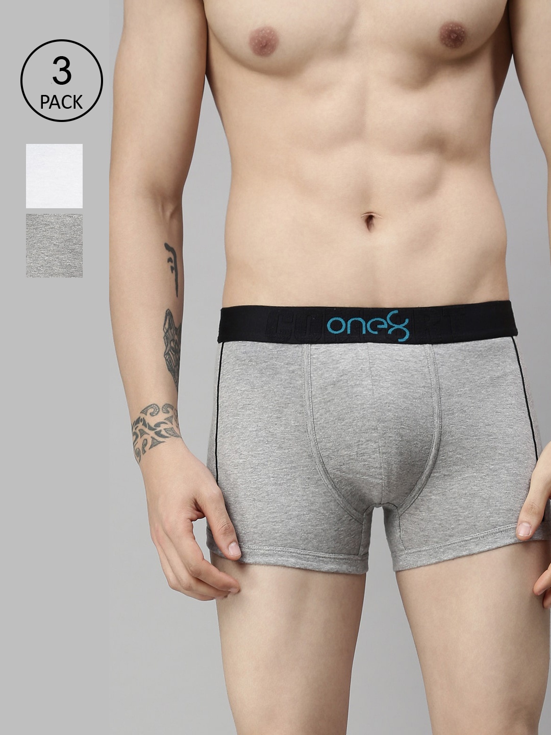 

one8 by Virat Kohli Men Pack Of 3 Grey Melange & White Solid Cotton Trunks