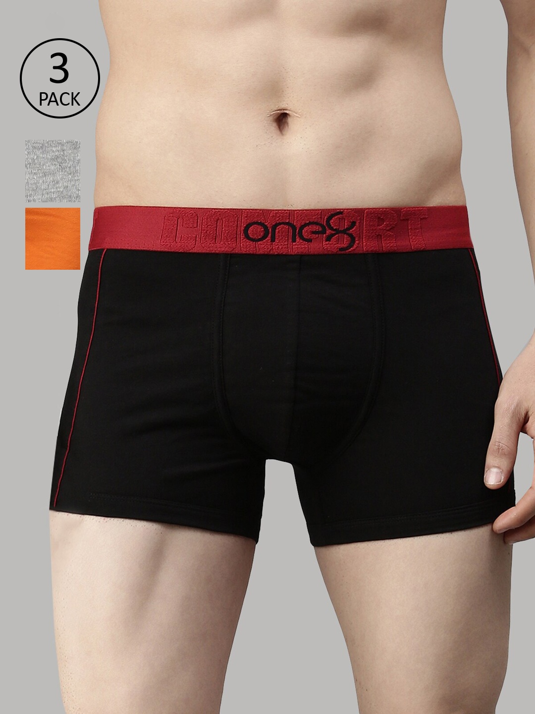 

one8 by Virat Kohli Men Pack of 3 Solid Cotton Trunks 106-PO3-Black/Greymel/Orange