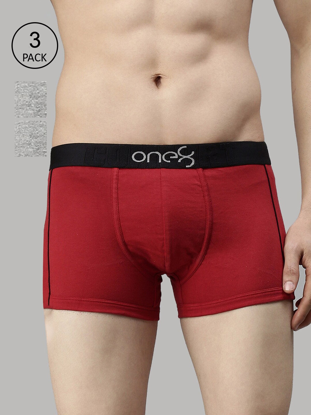 

one8 by Virat Kohli Men Red & Grey Pack Of 3 Solid Cotton Trunks, Maroon