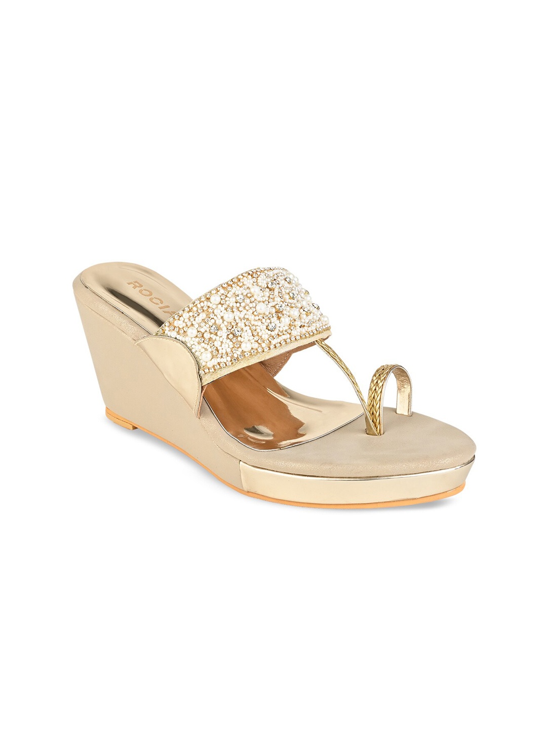 

Rocia Women Gold-Toned Embellished Ethnic T-Strap Flats