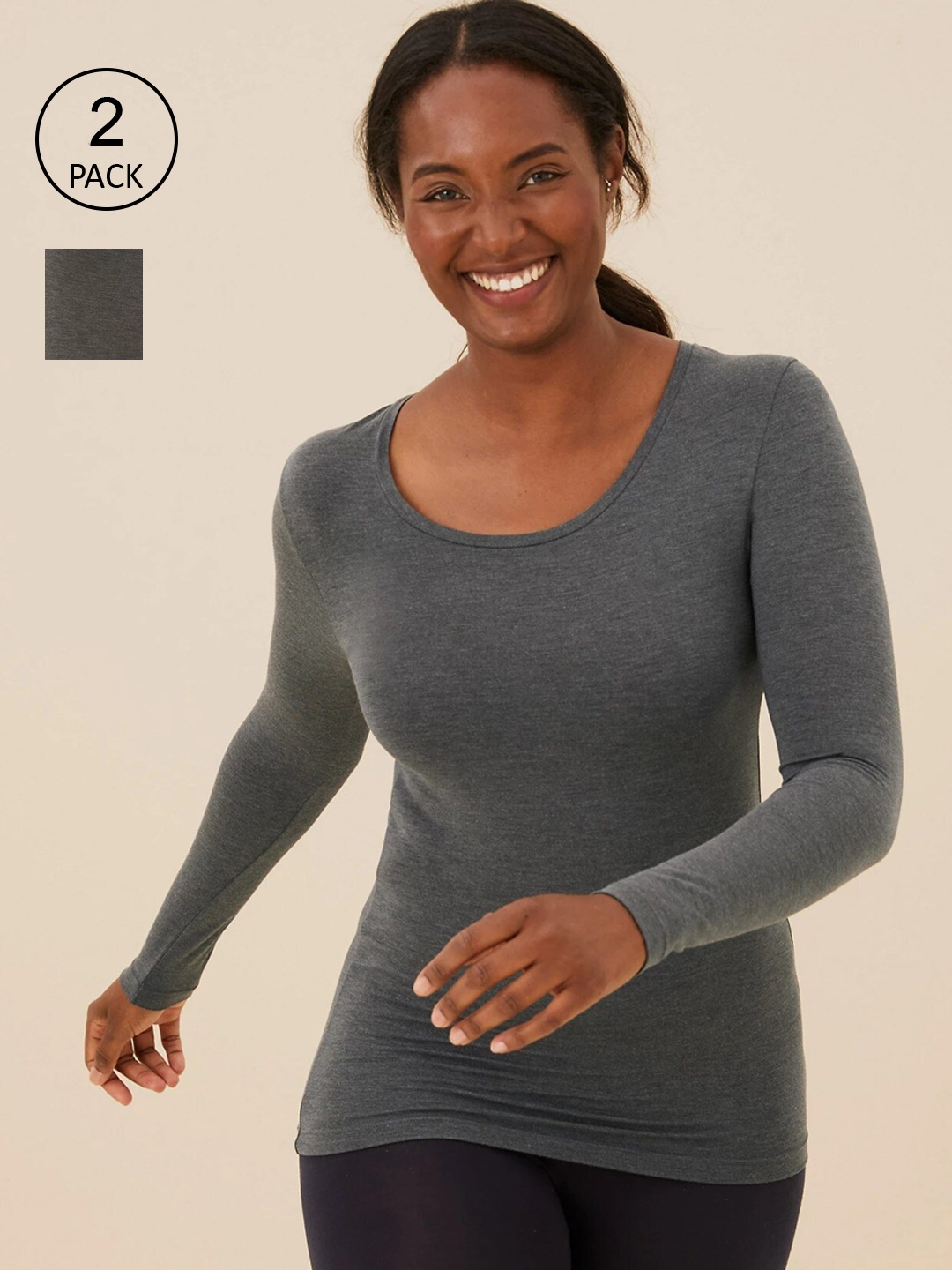 

Marks & Spencer Women Pack Of 2 Black Solid Thermal Tops