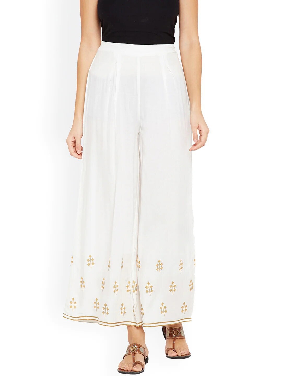 

Be Indi Women Off White & Gold-Toned Embroidered Flared Palazzos