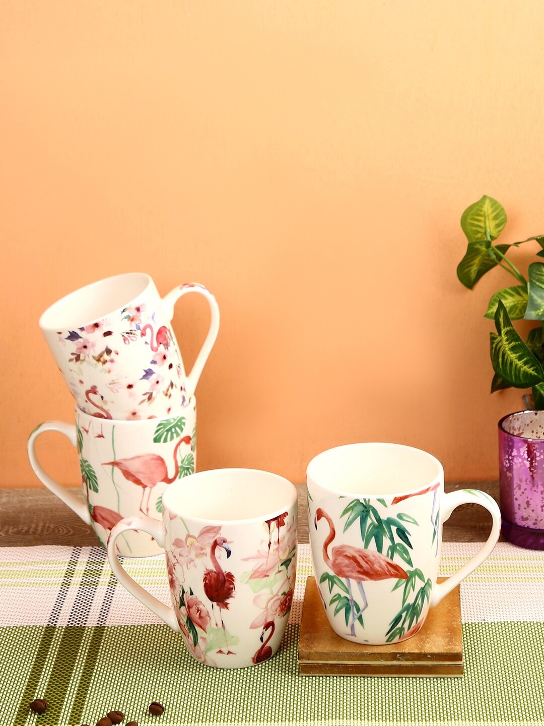 

House Of Accessories Pink & Green Set of 4 Printed Bone China Glossy Mugs 360 ml Each