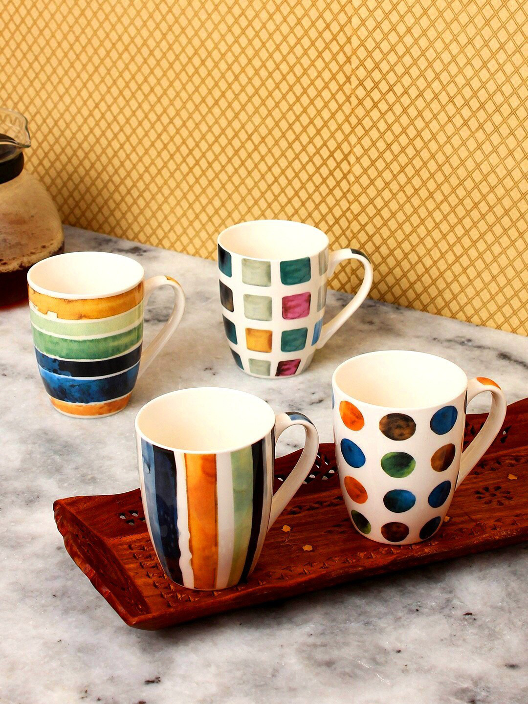 

House Of Accessories Set of 4 Printed Dishwasher Safe Glossy Mugs 360 ml Each, White