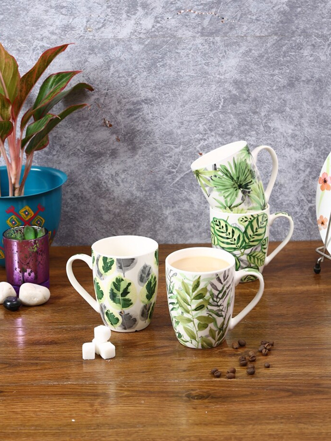 

House Of Accessories Set of 4 Printed Glossy Mugs, Green