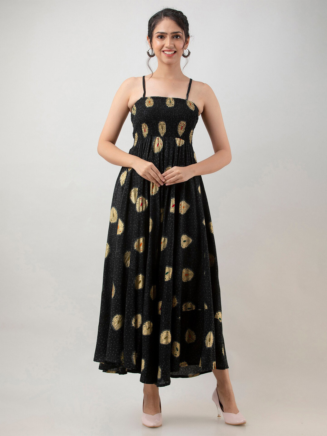 

Aawari Women Black Ethnic Motifs Foil Printed Maxi Dress