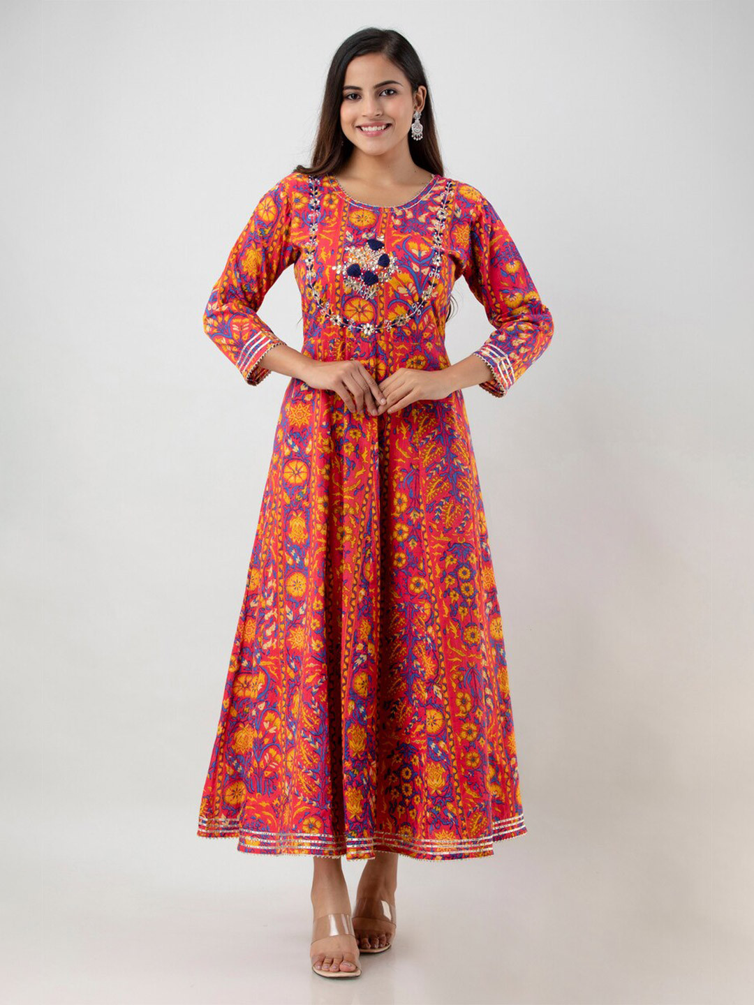 

Aawari Women Red & Orange Floral Printed Gotta Patti Fit and Flare Ethnic Dress