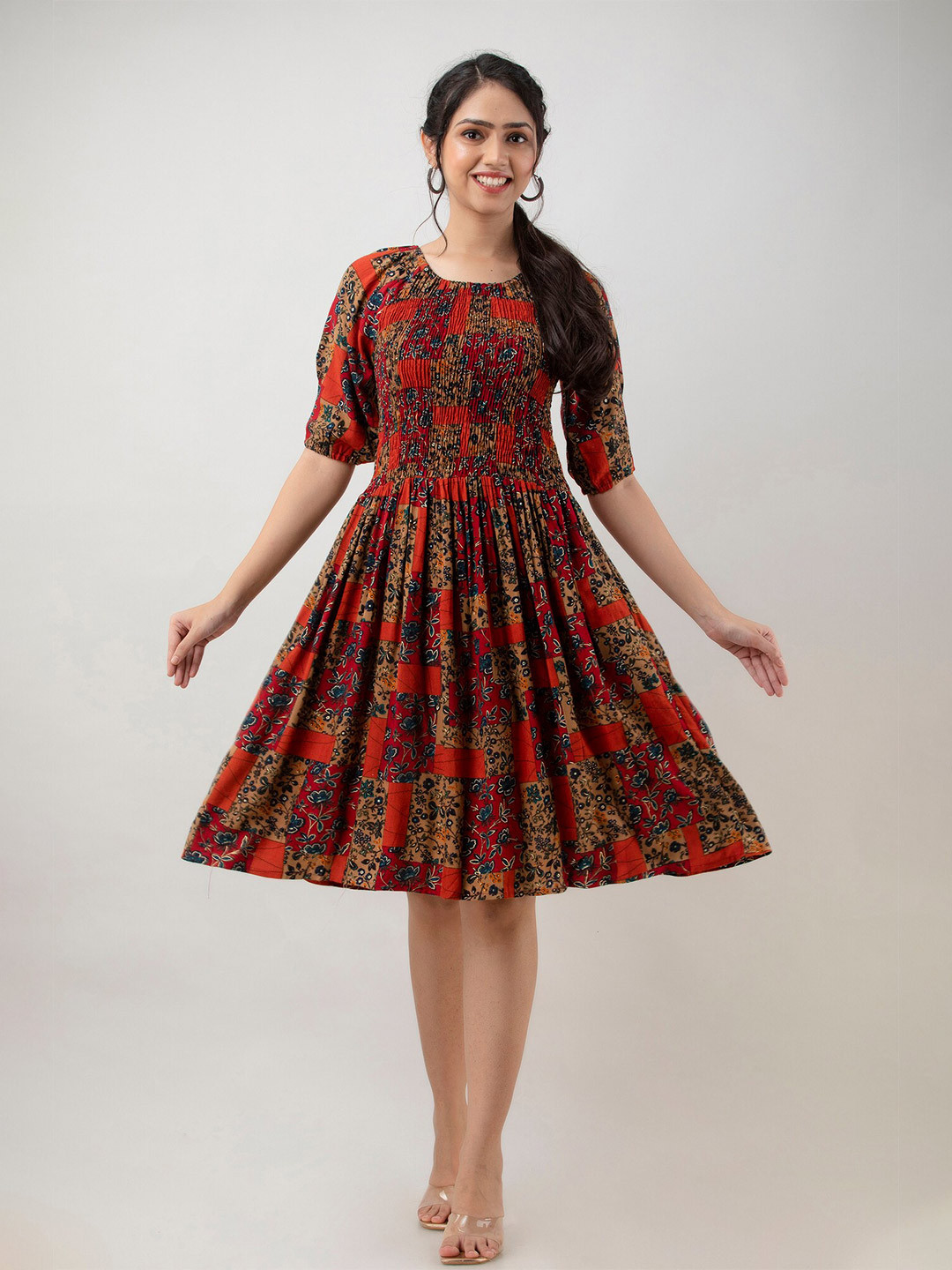 

Aawari Women Red & Blue Floral Smocked Dress