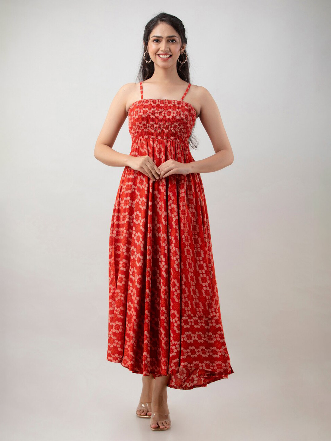 

Aawari Orange Printed Smocked Maxi Dress