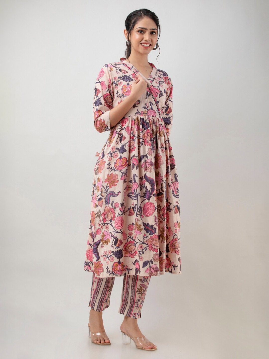 

Aawari Women Pink Floral Printed Angrakha Sequinned Kurta with Trousers