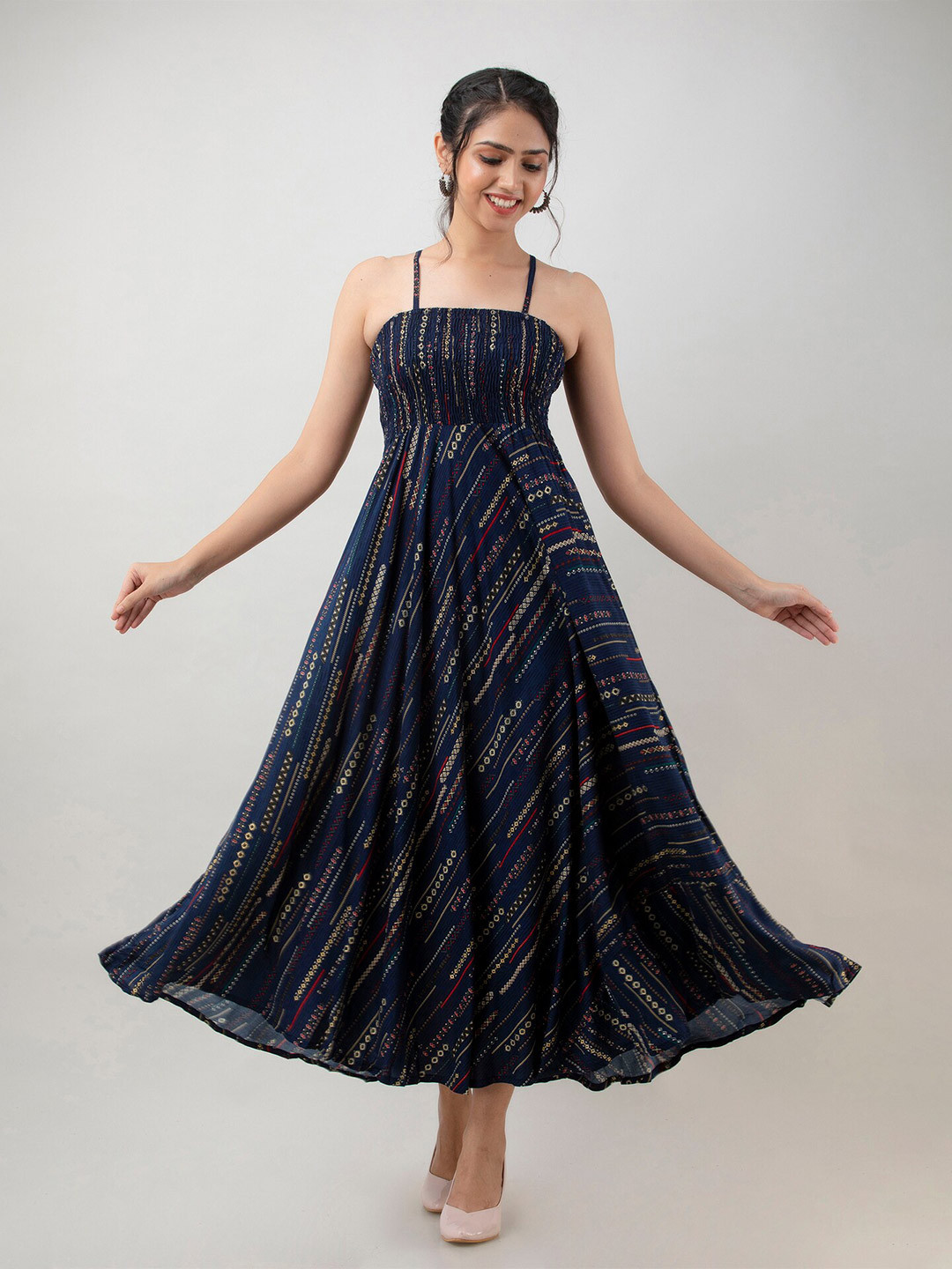 

Aawari Woman Foil Printed Bobbin Maxi Dress, Blue