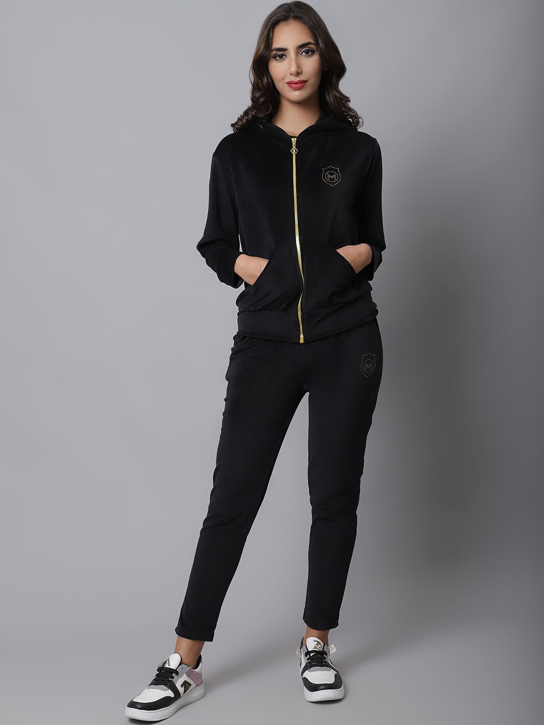 

MARC LOUIS Women Black Solid Velvet Tracksuits