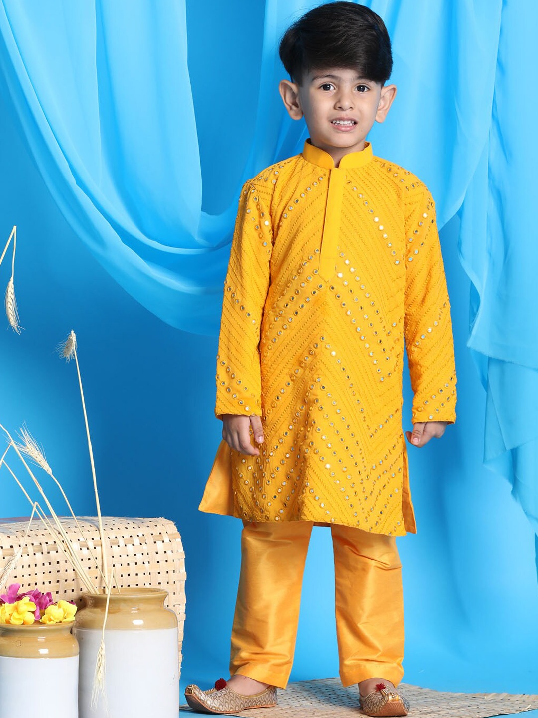 VASTRAMAY Boys Yellow Embroidered Mirror Work Kurta with Pyjamas