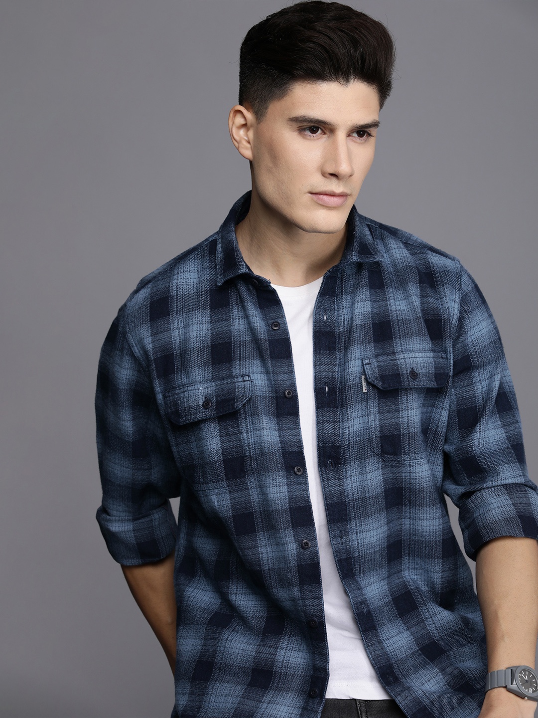 

Louis Philippe Jeans Men Slim Fit Checked Pure Cotton Casual Shirt, Blue