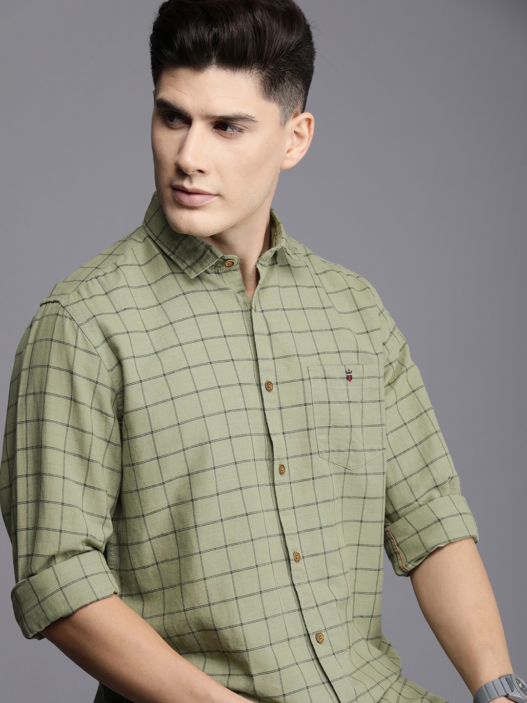 

Louis Philippe Jeans Men Cotton Linen Slim Fit Checked Casual Shirt, Olive