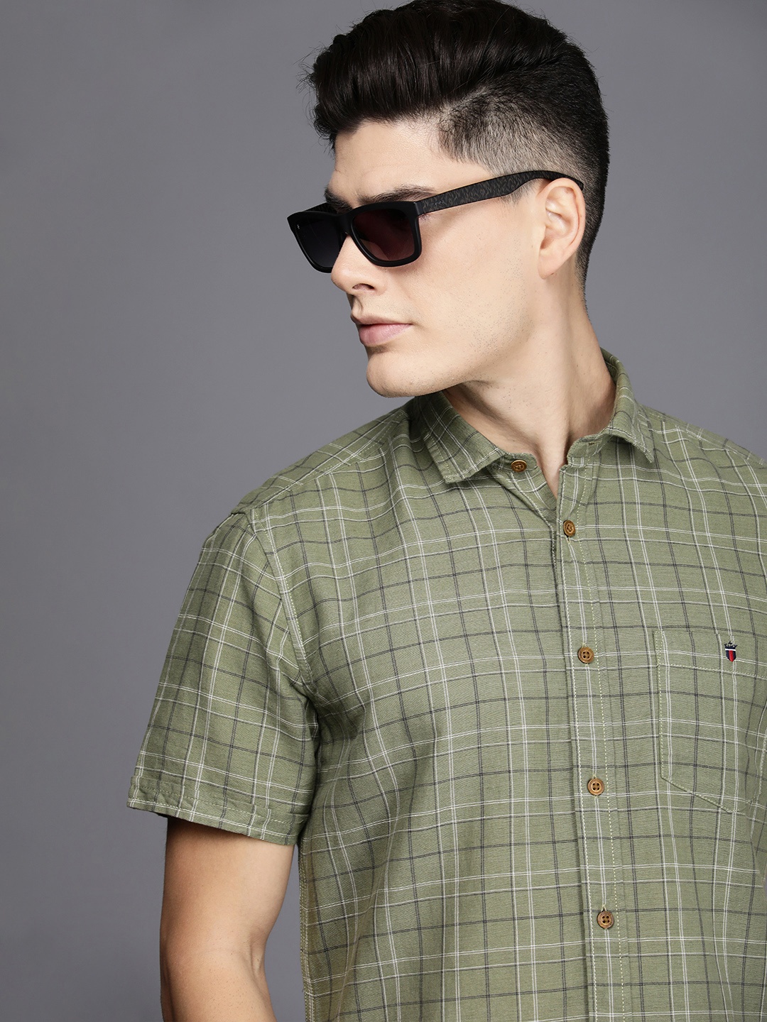 

Louis Philippe Jeans Men Cotton Linen Slim Fit Tartan Checks Casual Shirt, Olive