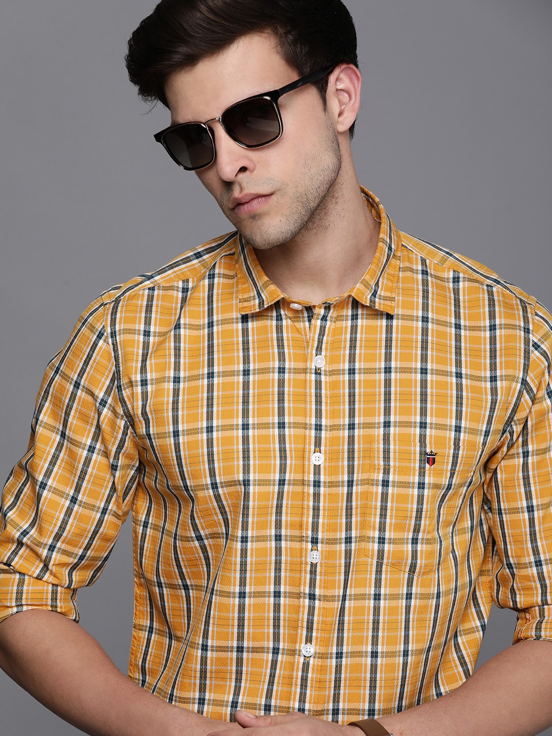 

Louis Philippe Jeans Men Checked Pure Cotton Super Slim Fit Casual Shirt, Mustard