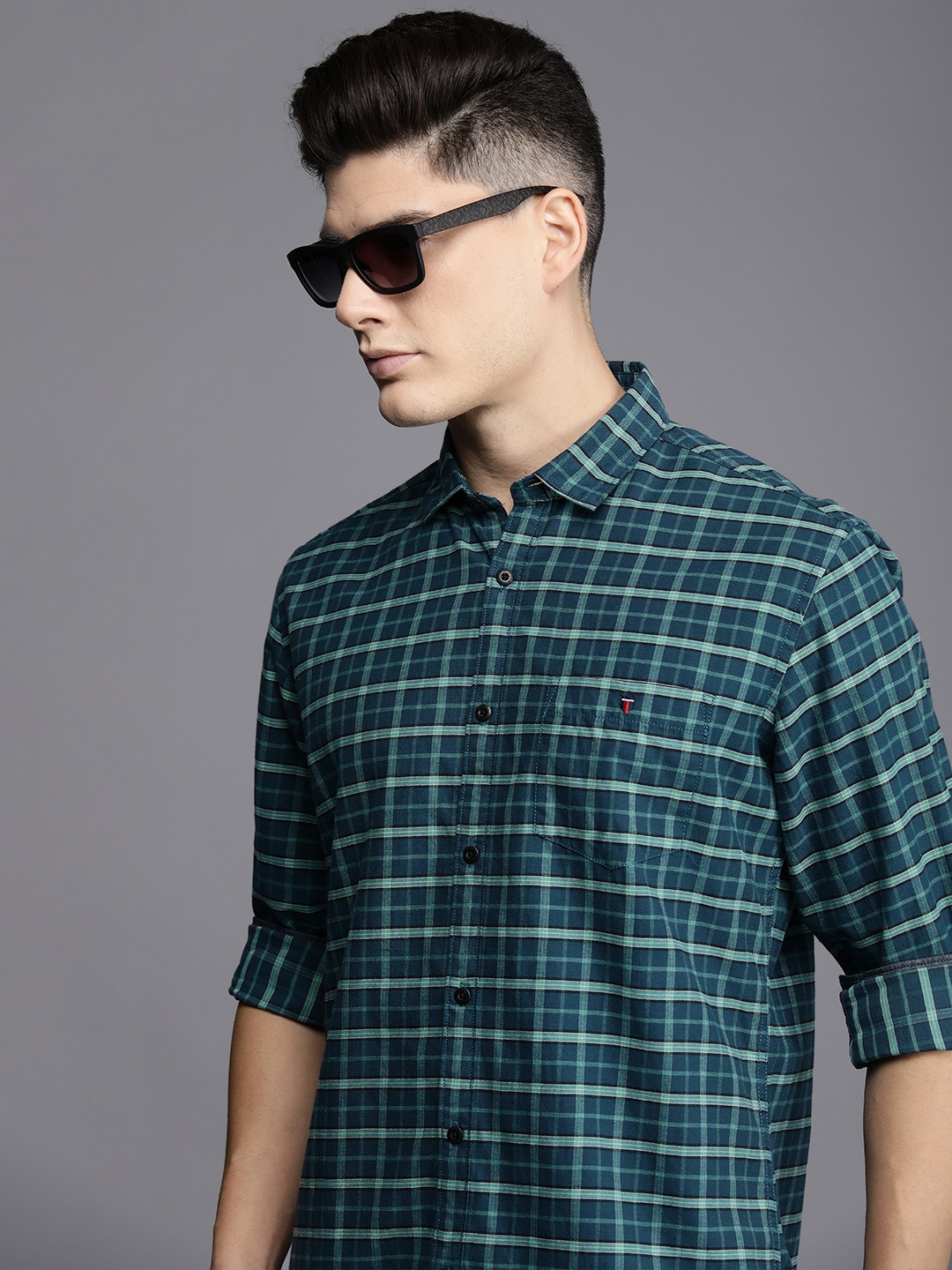 

Louis Philippe Jeans Men Pure Cotton Slim Fit Tartan Checks Casual Shirt, Teal