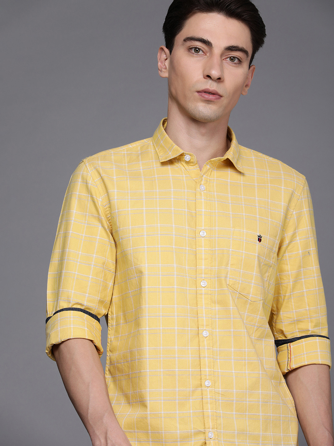 

Louis Philippe Jeans Men Super Slim Fit Checked Pure Cotton Casual Shirt, Yellow