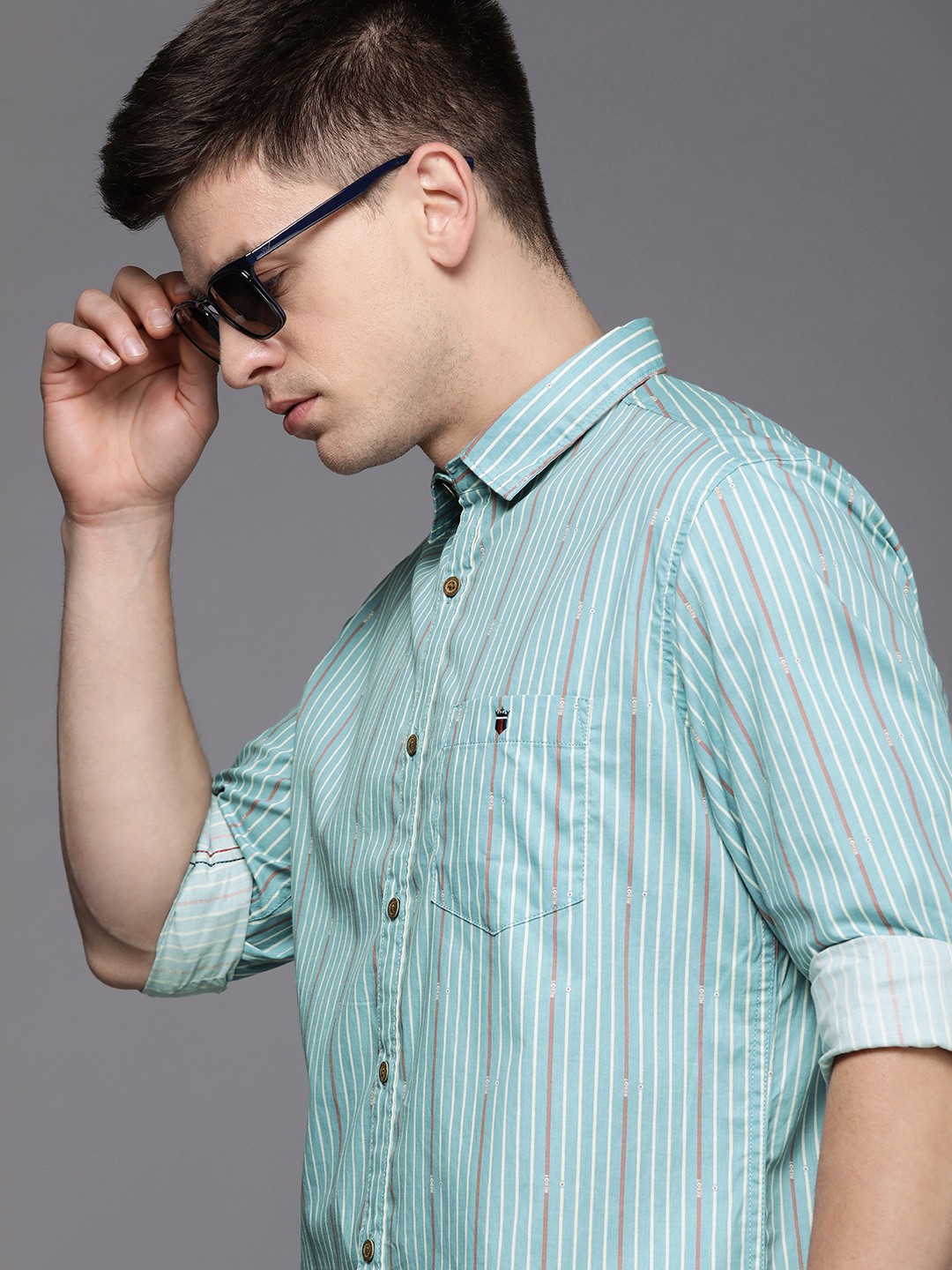 

Louis Philippe Jeans Men Striped Pure Cotton Slim Fit Casual Shirt, Blue