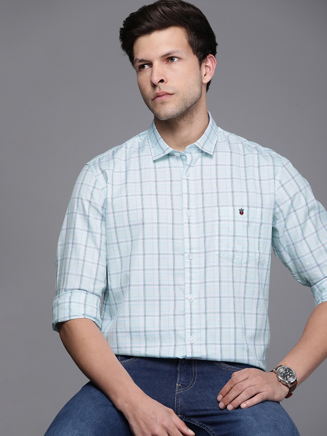 

Louis Philippe Jeans Men Pure Cotton Slim Fit Checked Casual Shirt, Blue