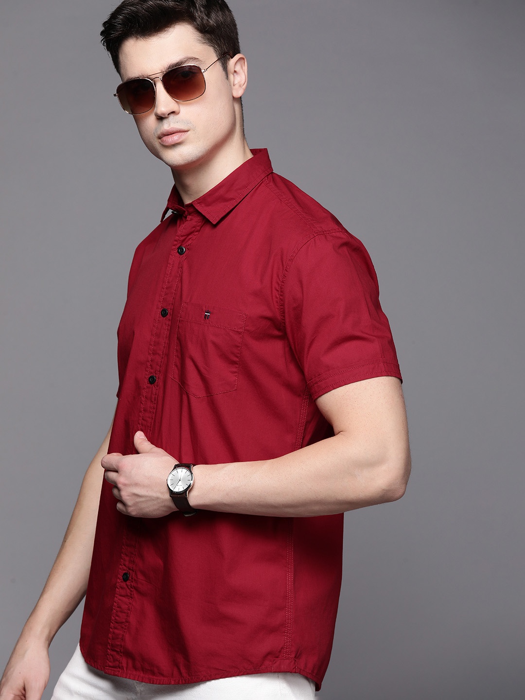

Louis Philippe Jeans Men Cotton Slim Fit Casual Shirt, Maroon