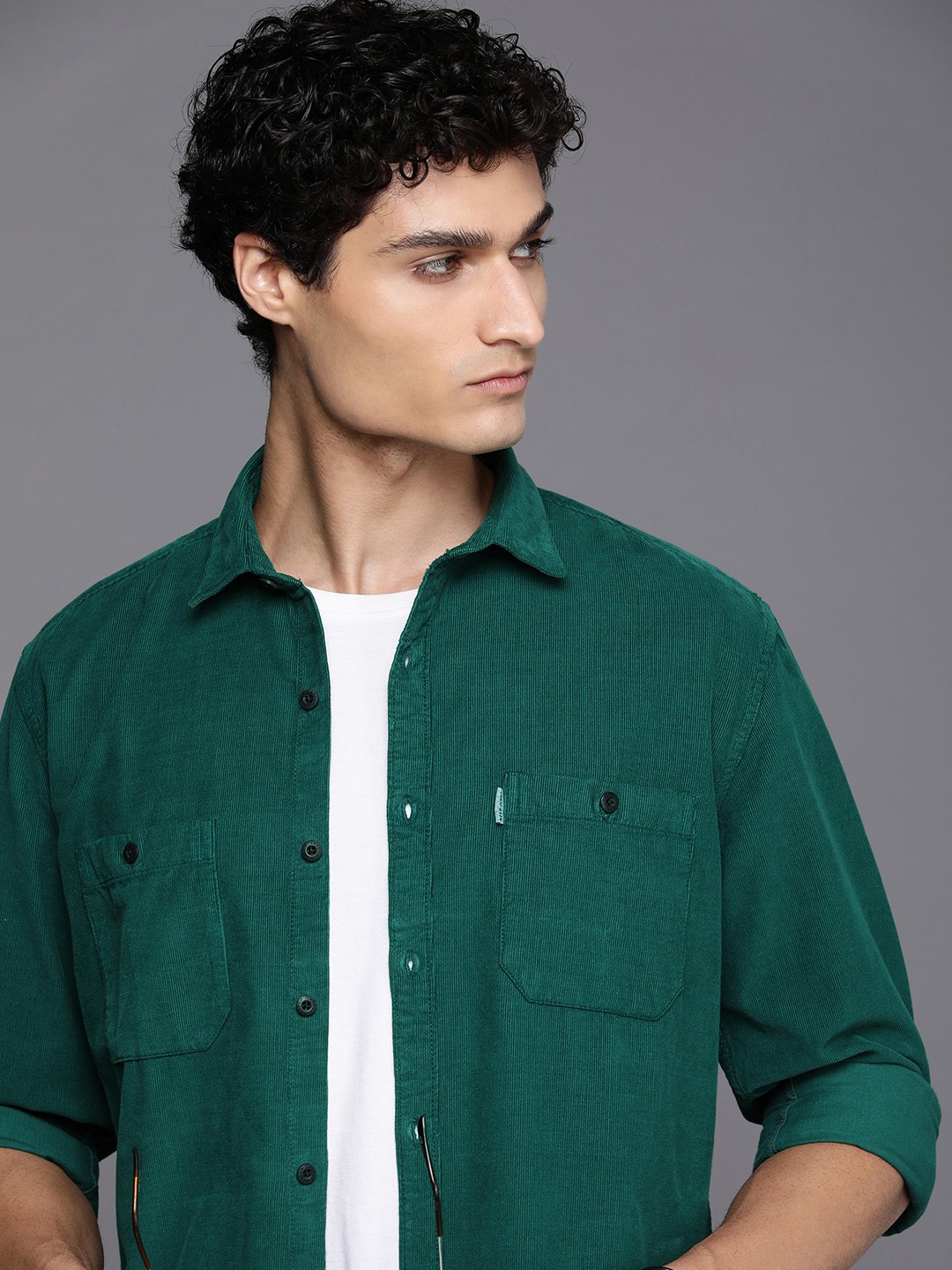

Louis Philippe Jeans Men Slim Fit Pure Cotton Corduroy Casual Shirt, Green