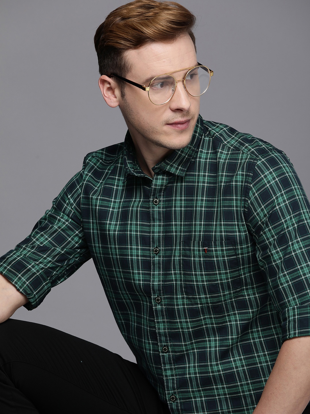 

Louis Philippe Jeans Men Pure Cotton Super Slim Fit Tartan Checks Casual Shirt, Green
