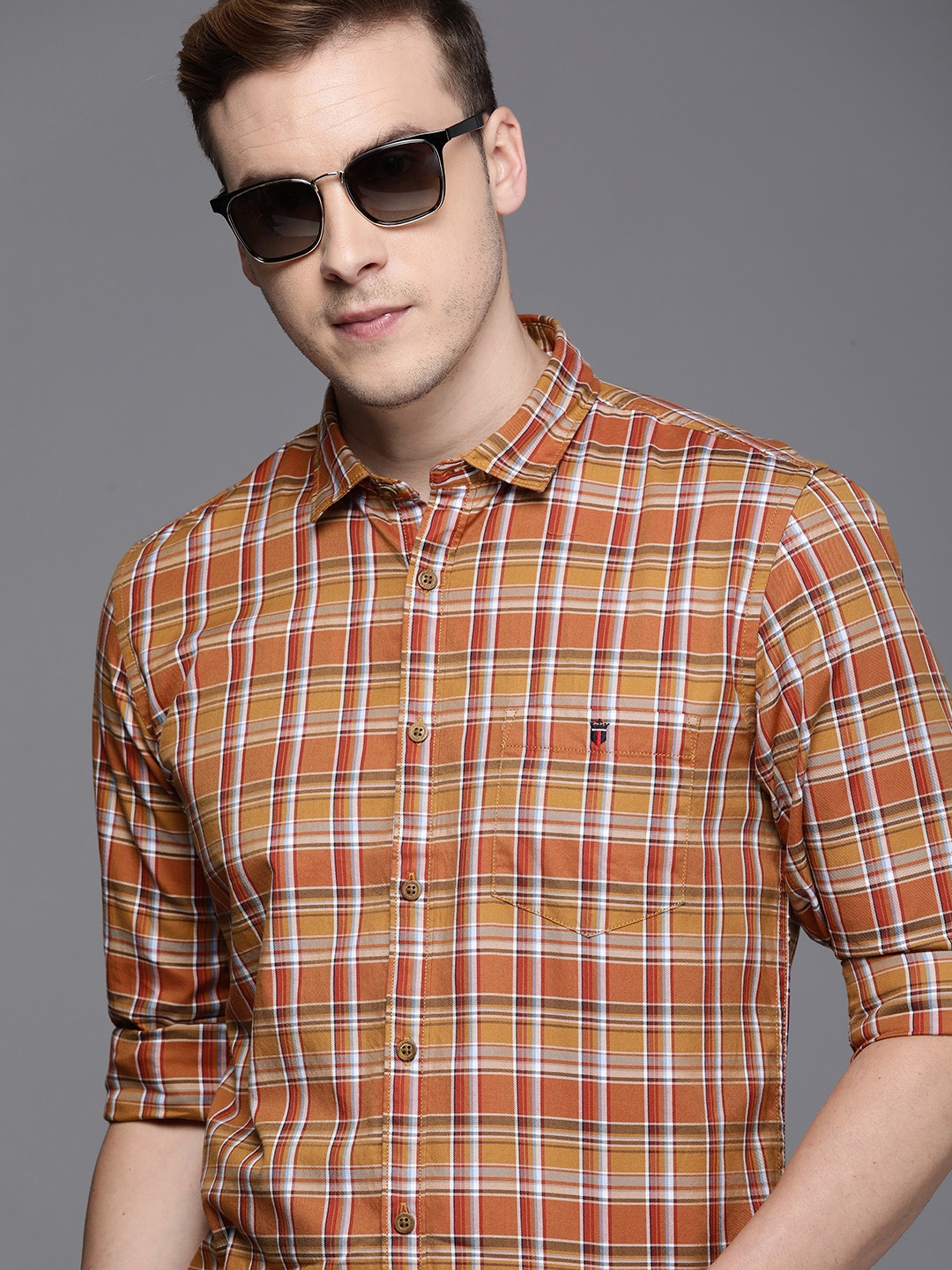 

Louis Philippe Jeans Men Pure Cotton Super Slim Fit Tartan Checks Casual Shirt, Rust