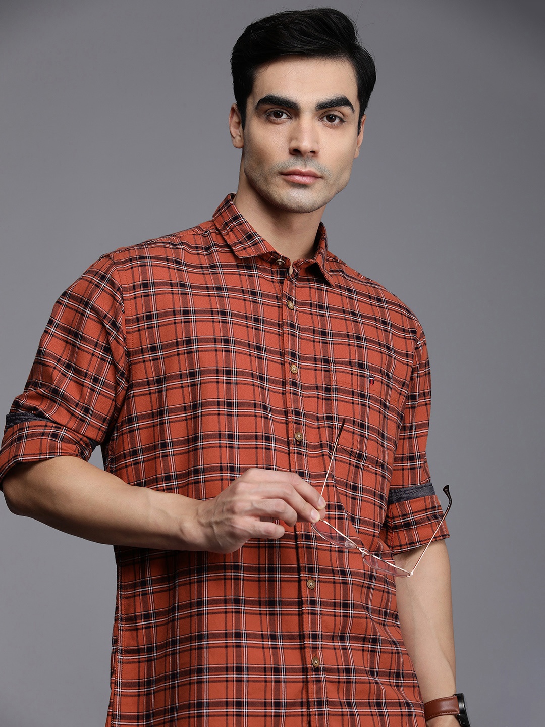 

Louis Philippe Jeans Men Red Tartan Checked Slim Fit Casual Shirt