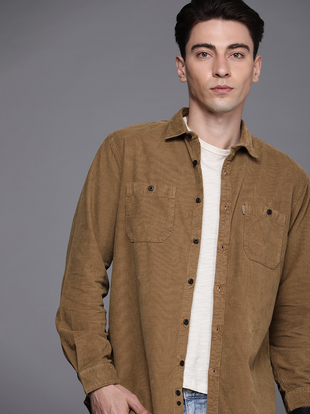

Louis Philippe Jeans Men Slim Fit Pure Cotton Corduroy Casual Shirt, Khaki