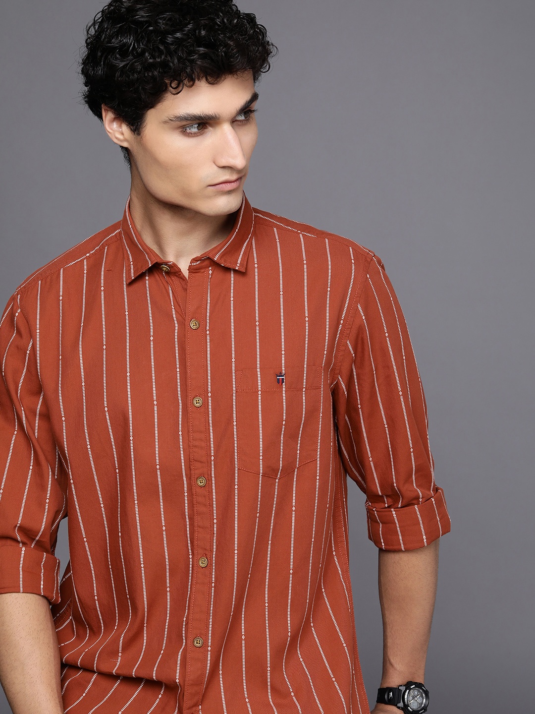 

Louis Philippe Jeans Men Slim Fit Striped Pure Cotton Casual Shirt, Rust