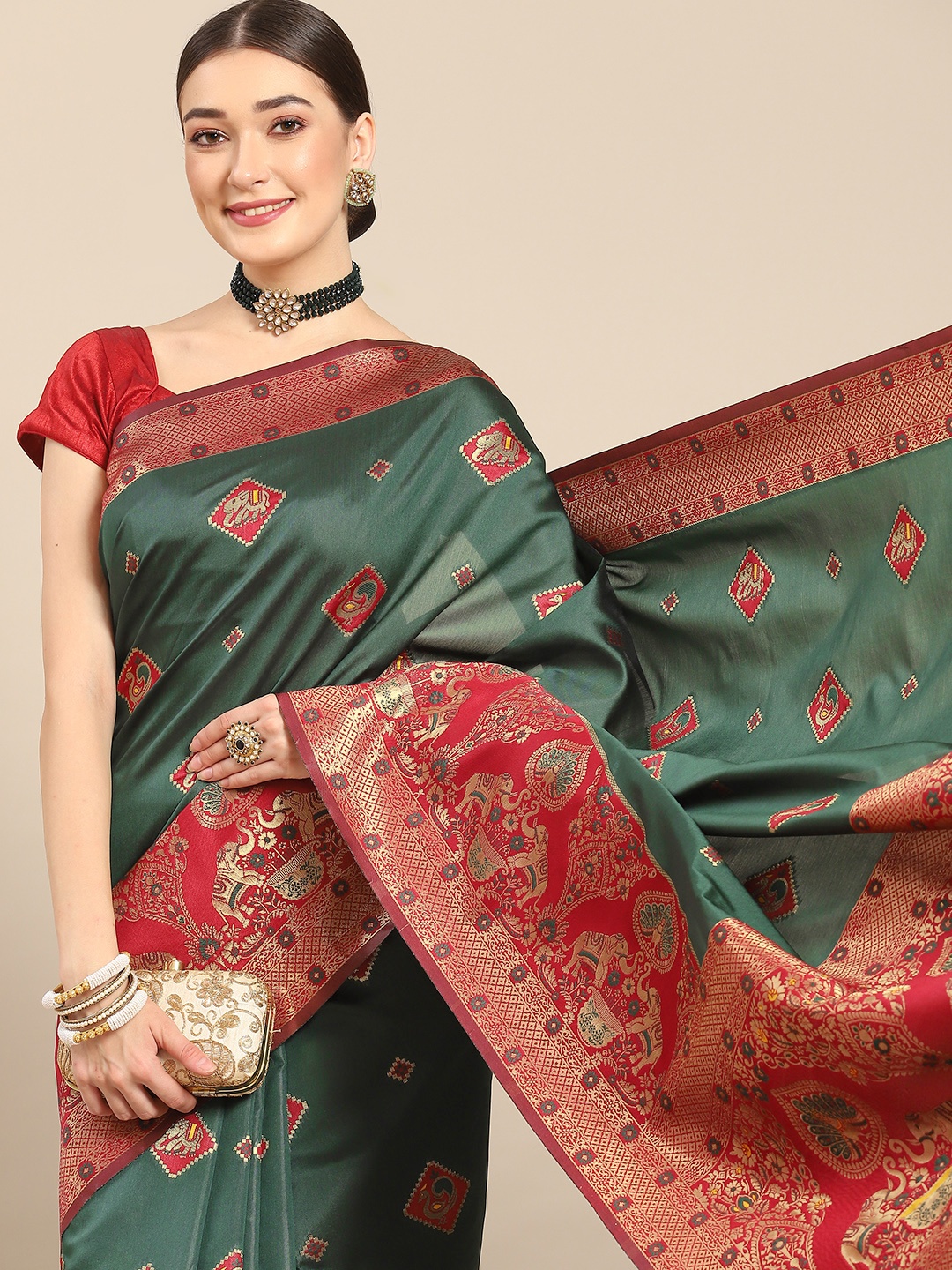 

Nimayaa Green & Red Woven Design Silk Blend Kanjeevaram Saree