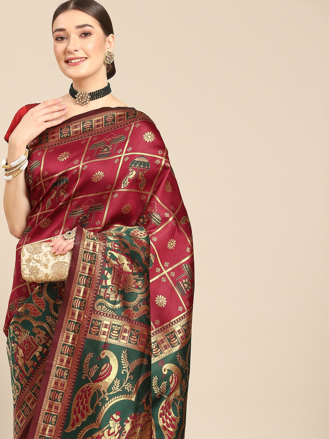 

Nimayaa Maroon & Green Woven Design Silk Blend Kanjeevaram Saree