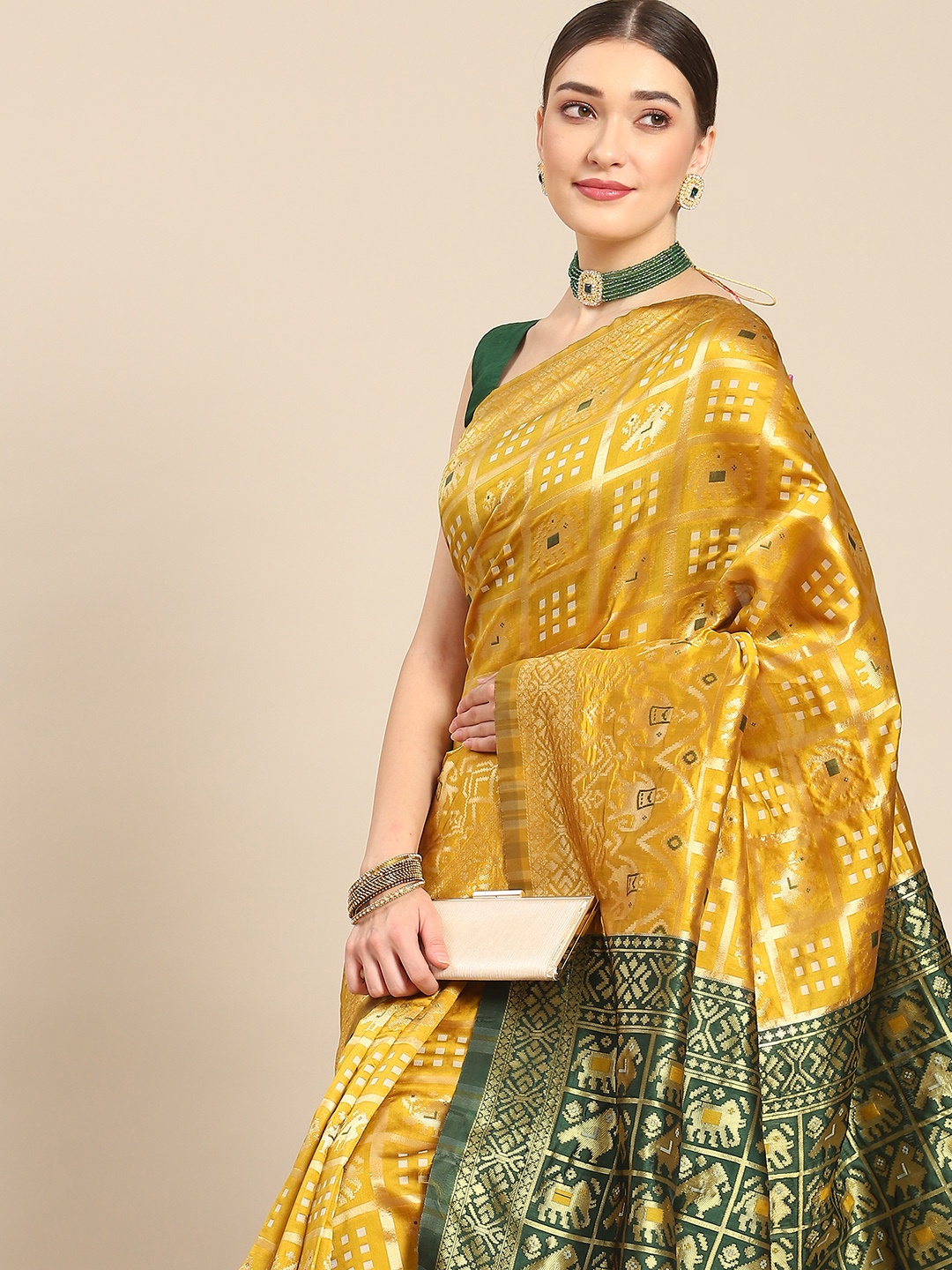 

all about you Yellow & Green Woven Design Silk Blend Kanjeevaram Saree