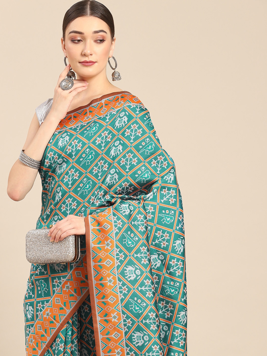 

Nimayaa Turquoise Blue & Orange Woven Design Silk Blend Kanjeevaram Saree