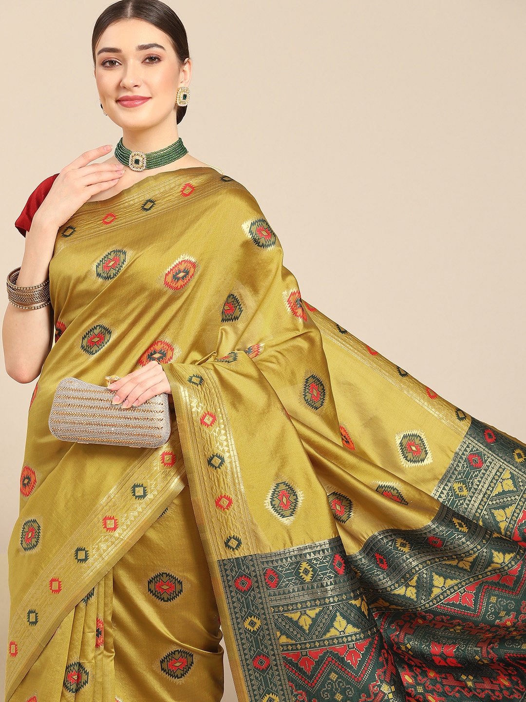 

Nimayaa Mustard & Green Woven Design Silk Blend Kanjeevaram Saree