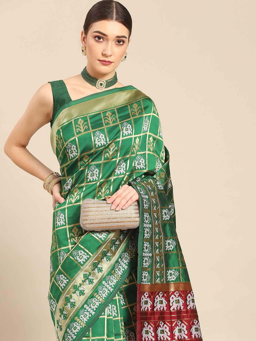 

Nimayaa Green & Brown Woven Design Silk Blend Kanjeevaram Saree