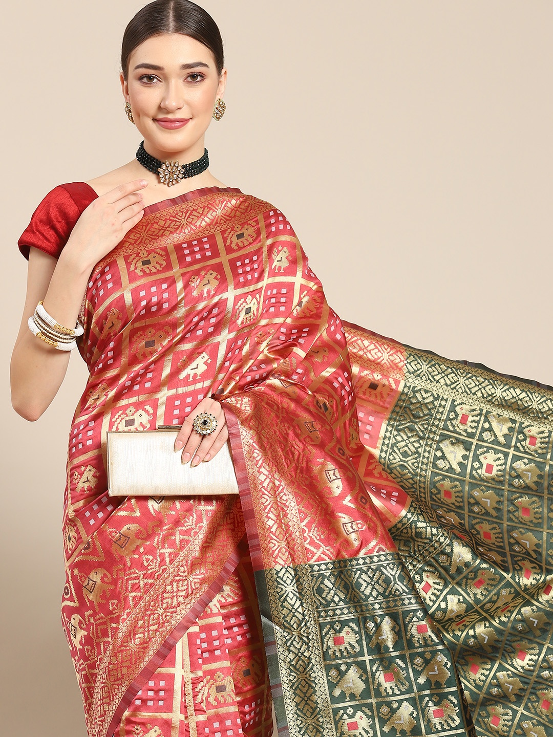 

Nimayaa Red & Green Woven Design Silk Blend Kanjeevaram Saree