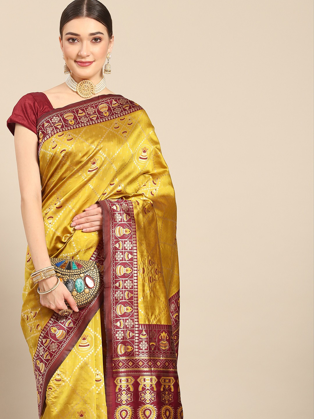 

Nimayaa Yellow & Red Woven Design Silk Blend Kanjeevaram Saree