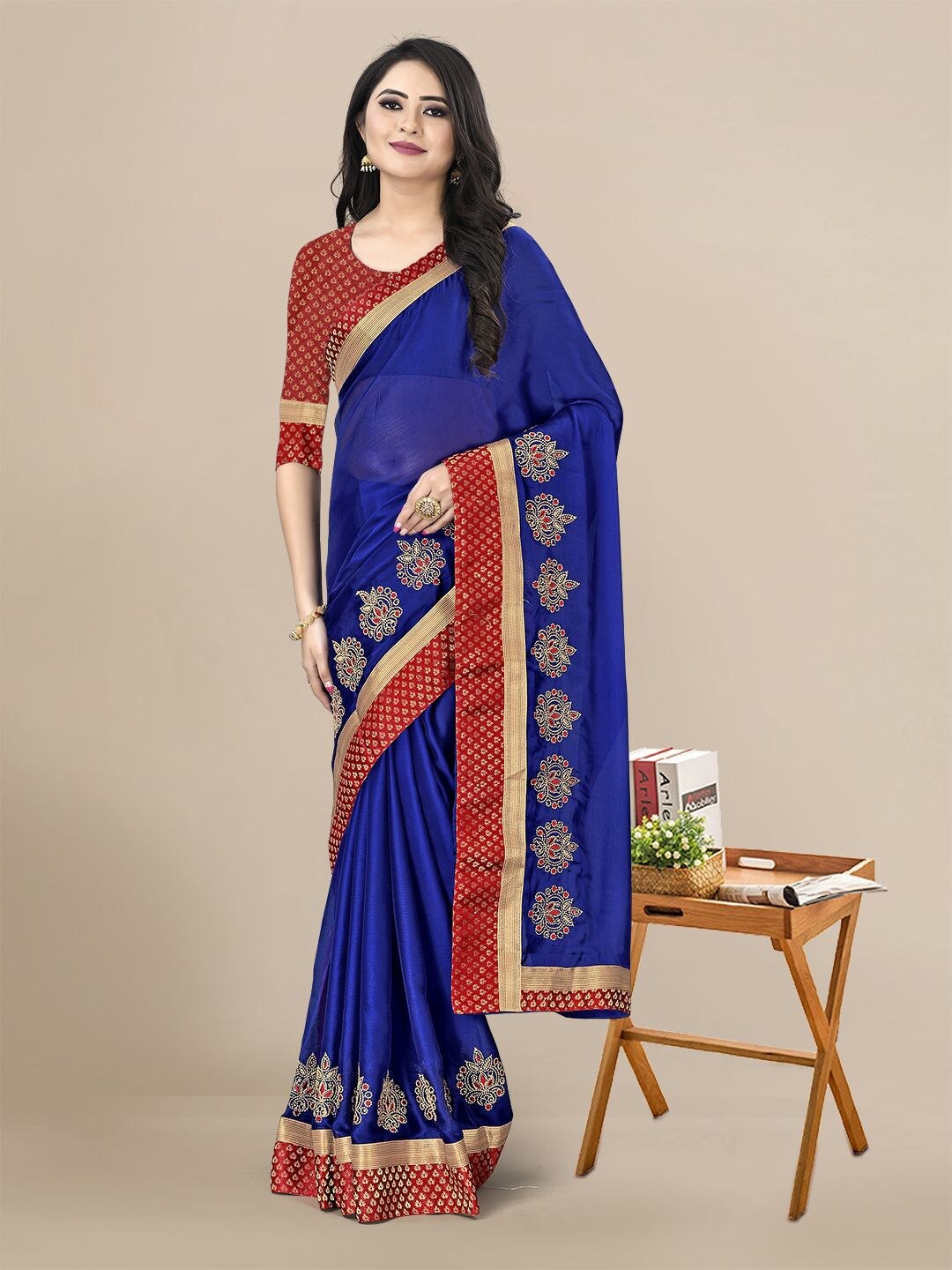 

KALINI Blue & Gold-Toned Embellished Embroidered Pure Chiffon Saree