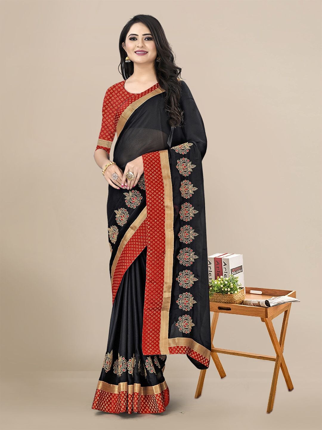 

KALINI Black & Red Ethnic Motifs Pure Chiffon Saree