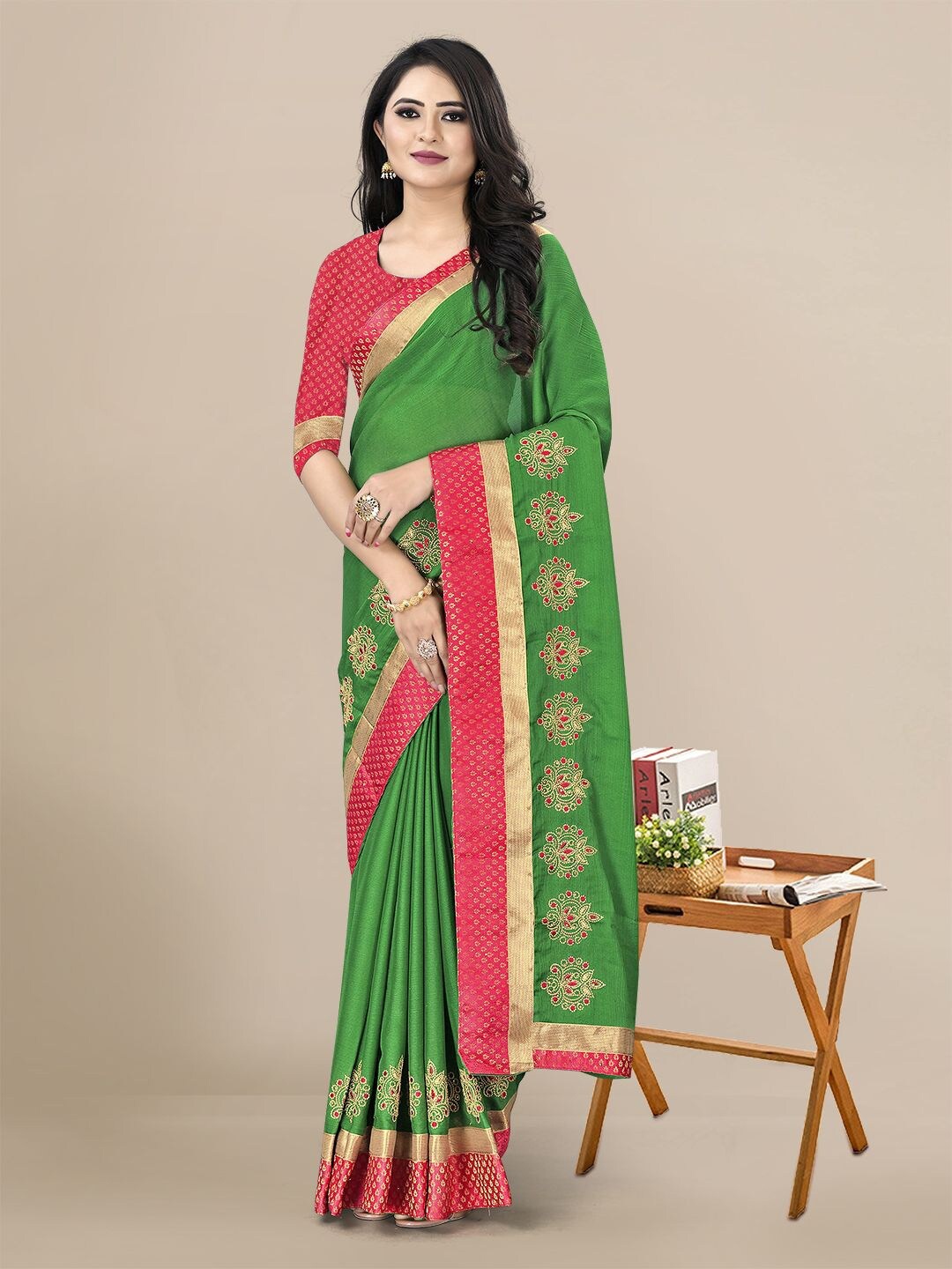 

KALINI Green & Green Embellished Embroidered Pure Chiffon Saree