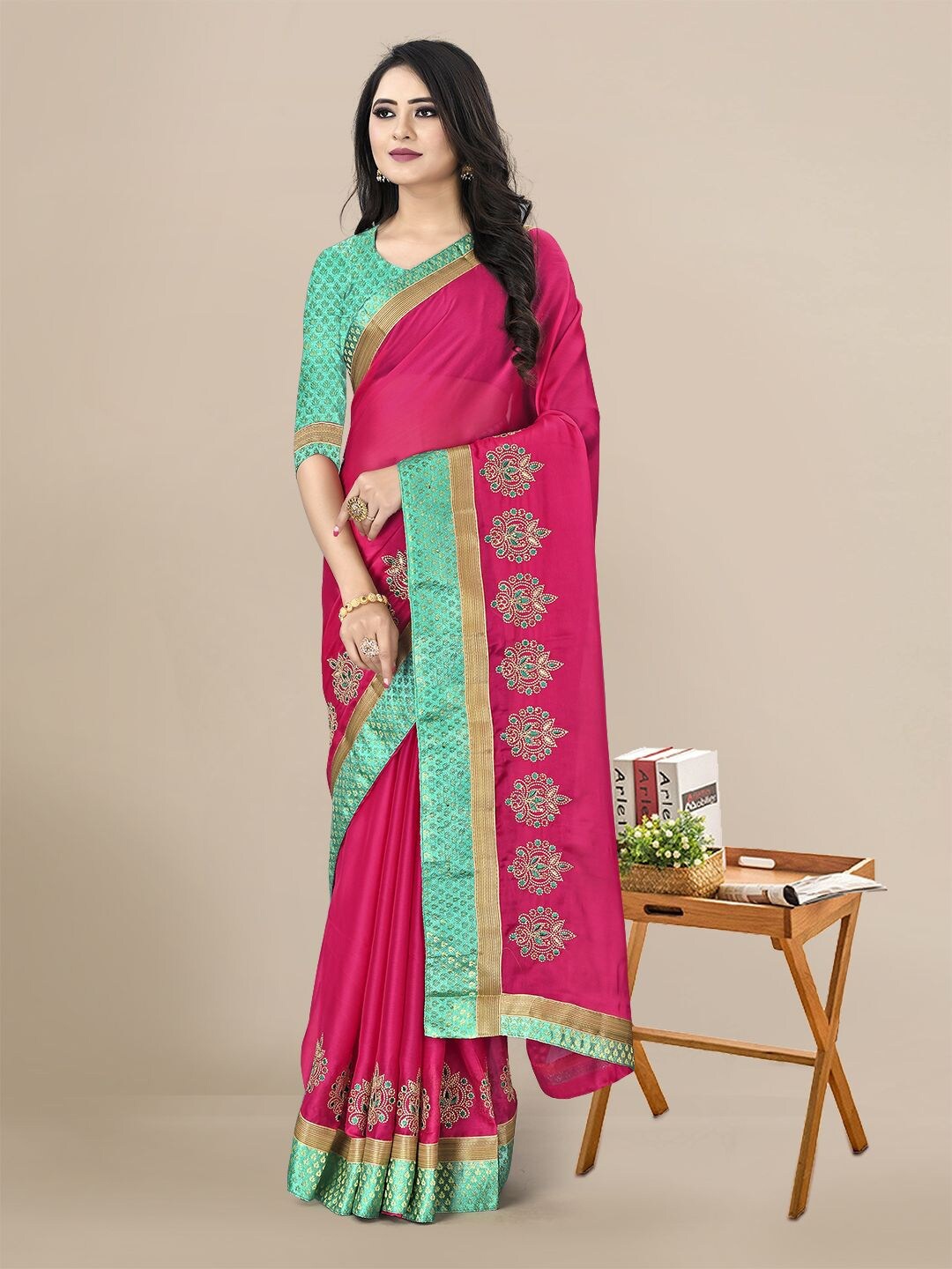 

KALINI Pink & Gold-Toned Embellished Embroidered Pure Chiffon Saree