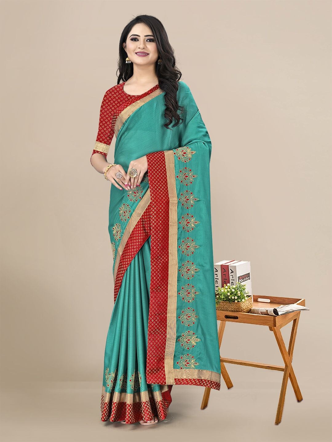 

KALINI Teal & Red Embellished Embroidered Pure Chiffon Saree